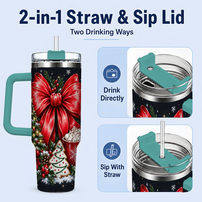 #pl[40oz|Green] Christmas Red Bow 40oz Tumbler, Tree Cocoa Winter Holiday Artwork