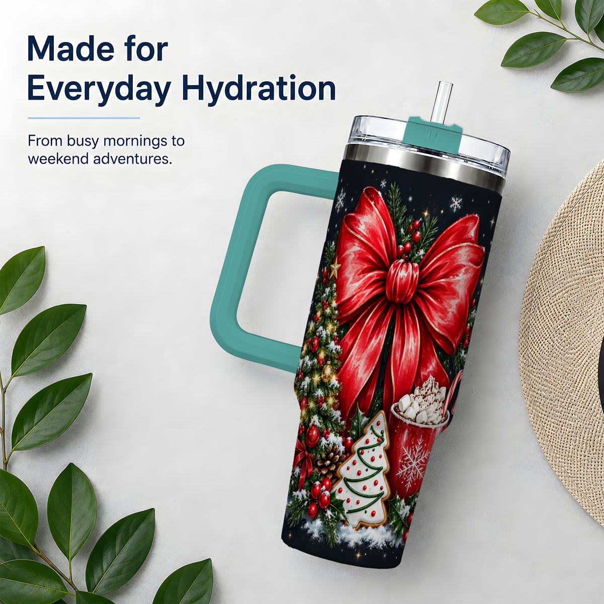 #pl[40oz|Green] Christmas Red Bow 40oz Tumbler, Tree Cocoa Winter Holiday Artwork