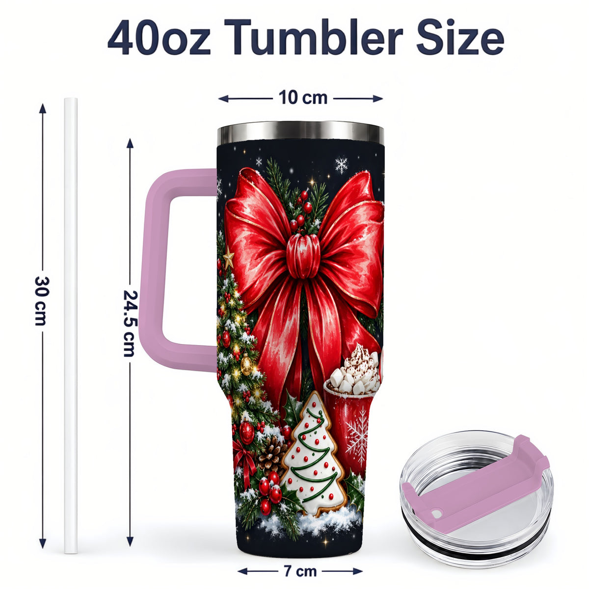#pl[40oz|Pink] Christmas Red Bow 40oz Tumbler, Tree Cocoa Winter Holiday Artwork