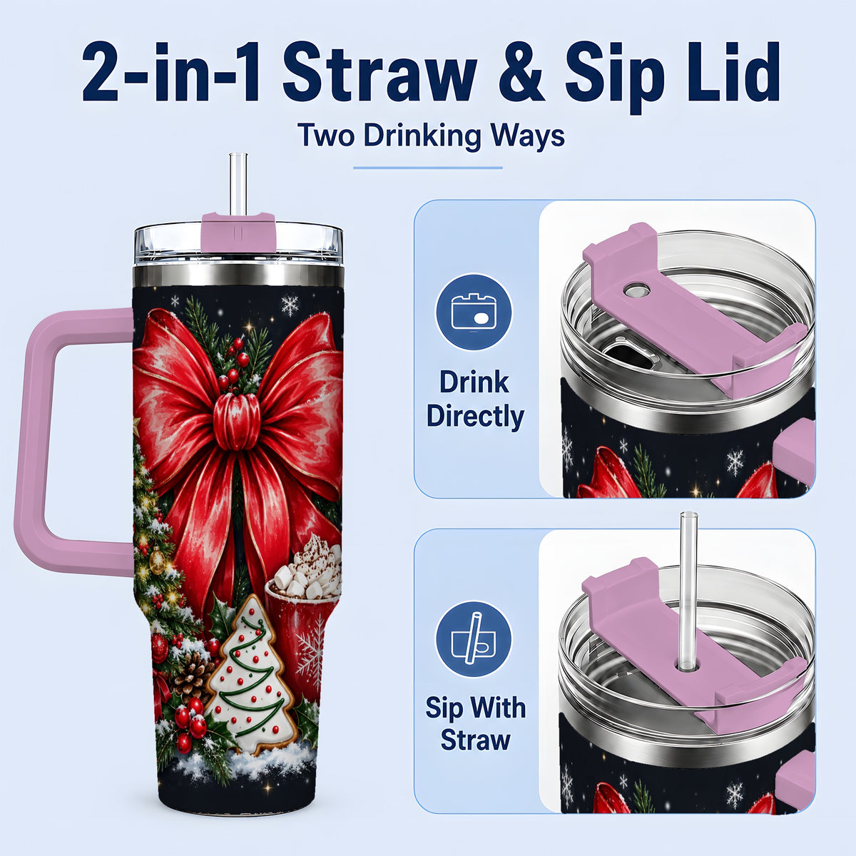#pl[40oz|Pink] Christmas Red Bow 40oz Tumbler, Tree Cocoa Winter Holiday Artwork