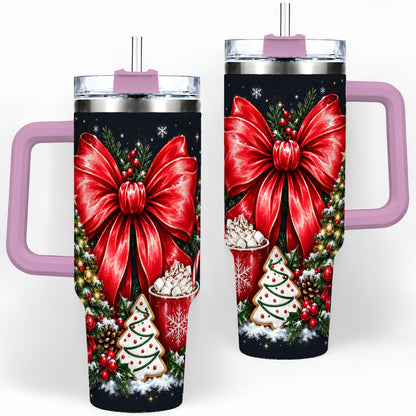#pl[40oz|Pink] Christmas Red Bow 40oz Tumbler, Tree Cocoa Winter Holiday Artwork