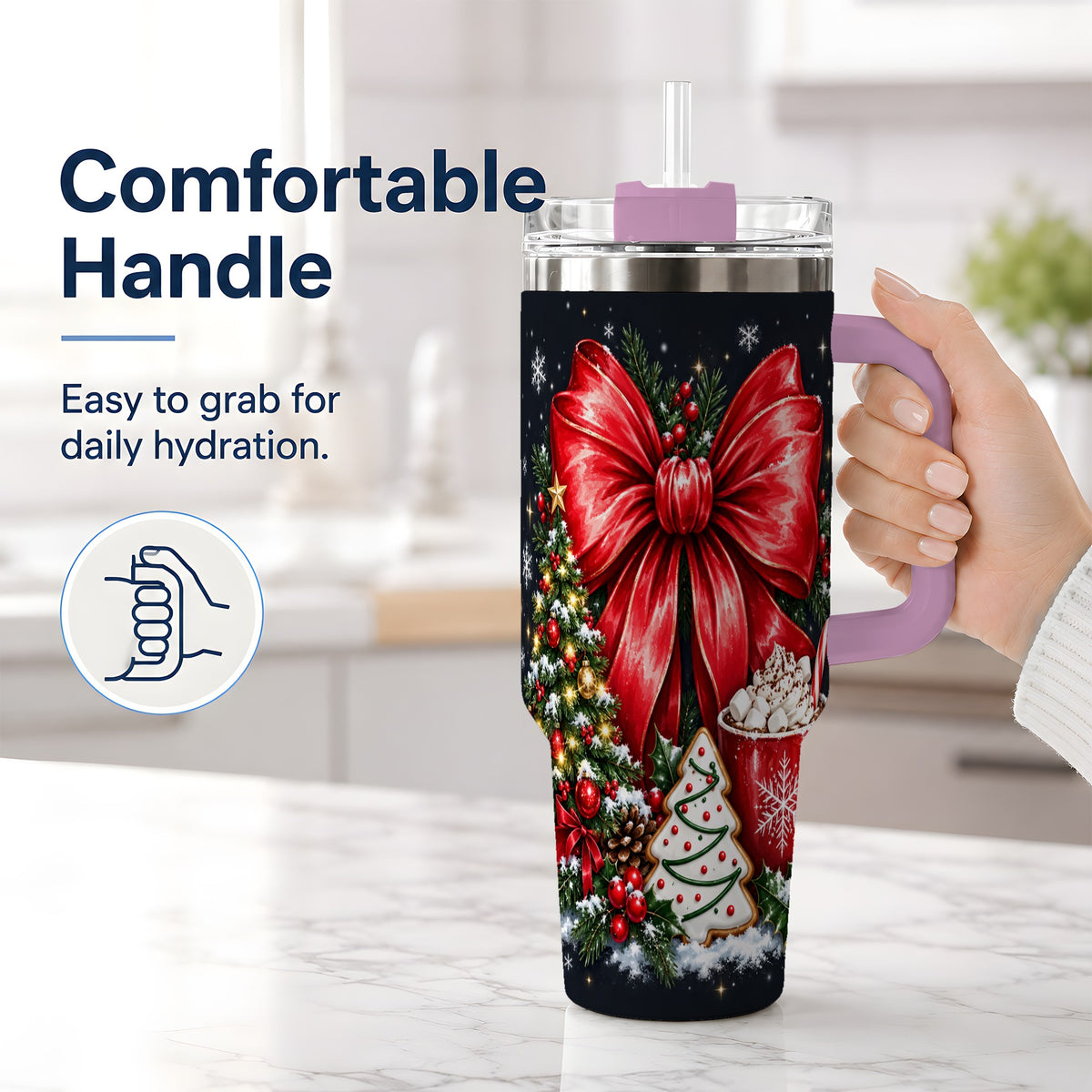 #pl[40oz|Pink] Christmas Red Bow 40oz Tumbler, Tree Cocoa Winter Holiday Artwork
