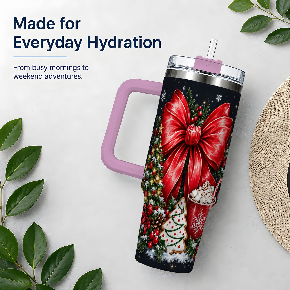 #pl[40oz|Pink] Christmas Red Bow 40oz Tumbler, Tree Cocoa Winter Holiday Artwork