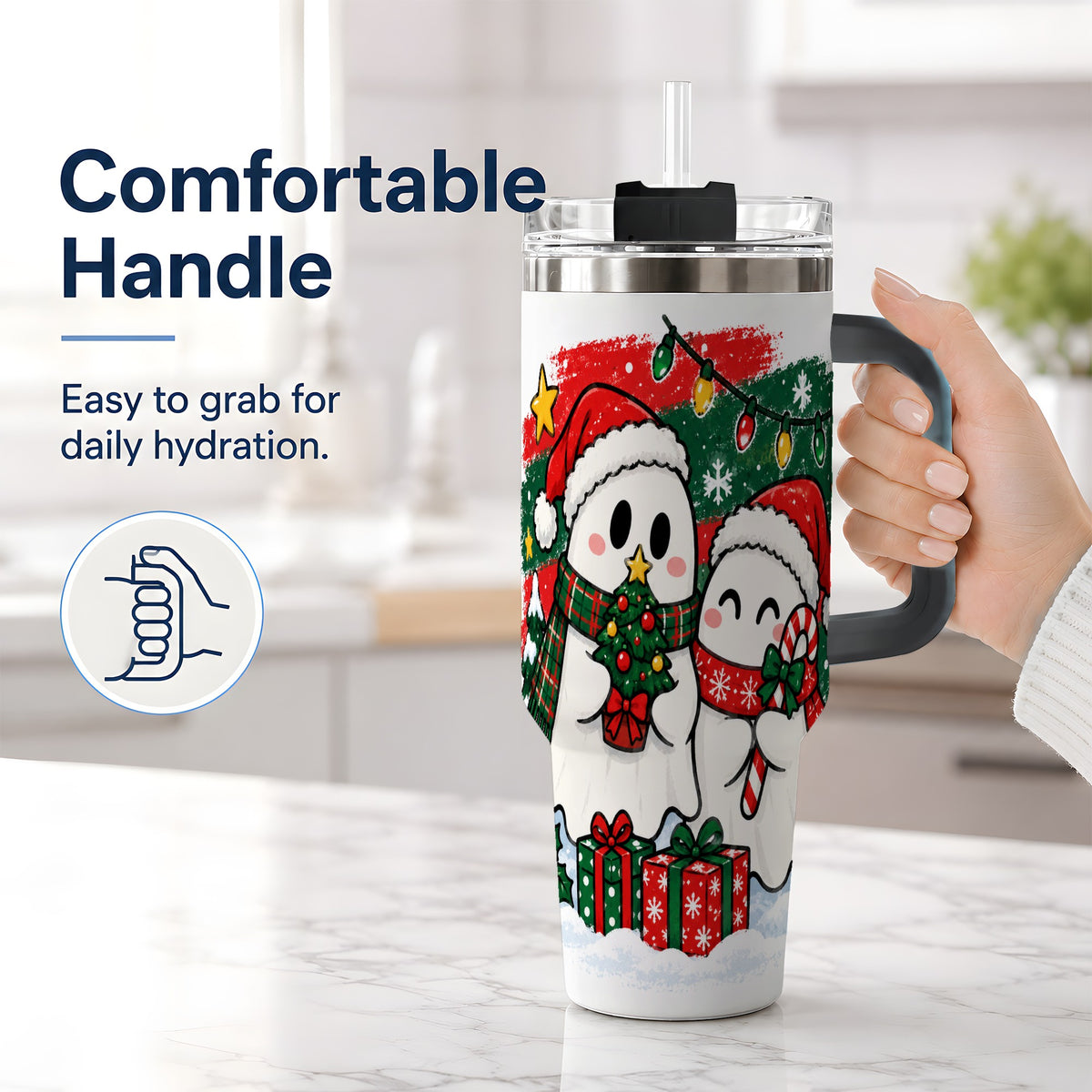 #pl[40oz|Black] Christmas Ghosts 40oz Tumbler, Cute Festive Winter Holiday Artwork