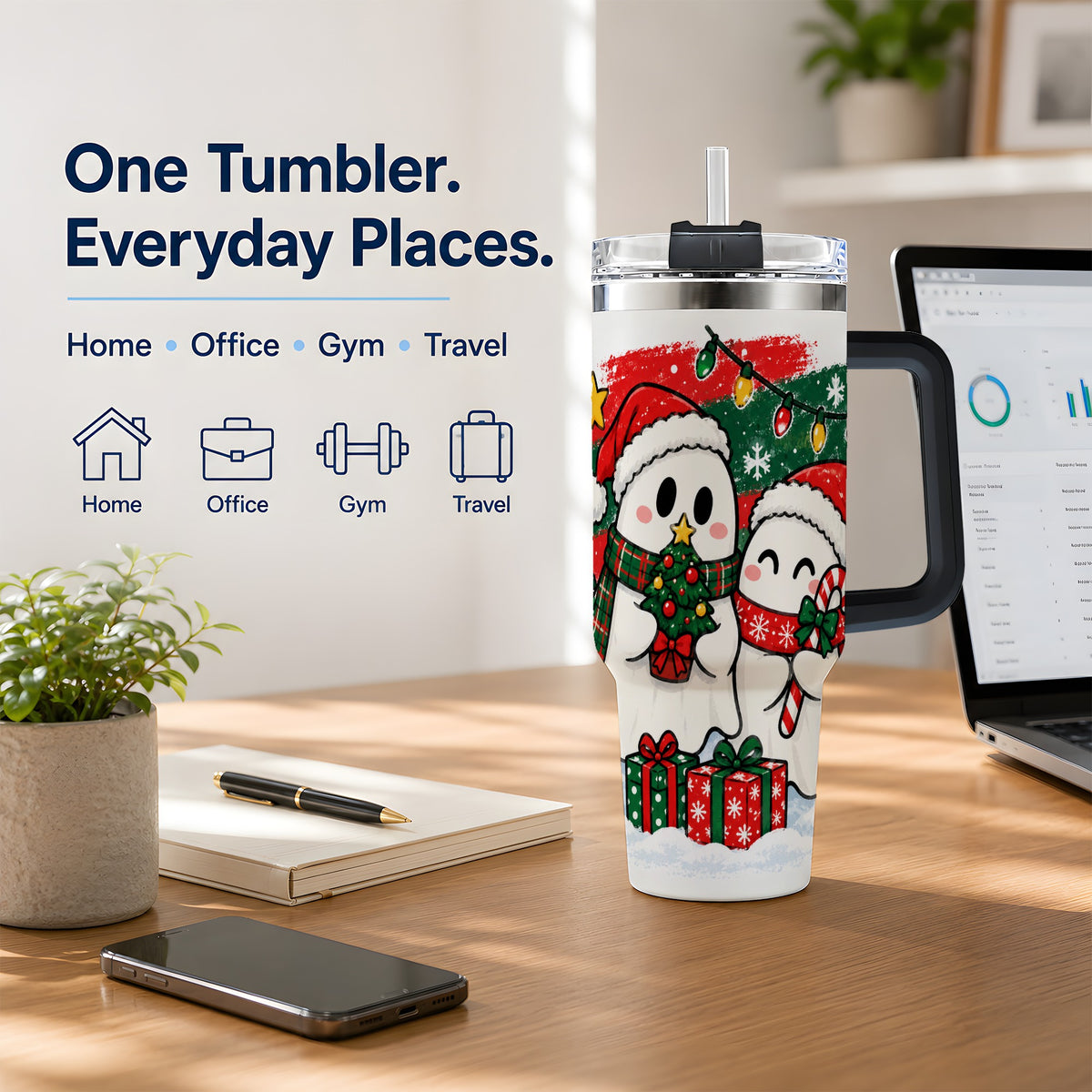 #pl[40oz|Black] Christmas Ghosts 40oz Tumbler, Cute Festive Winter Holiday Artwork