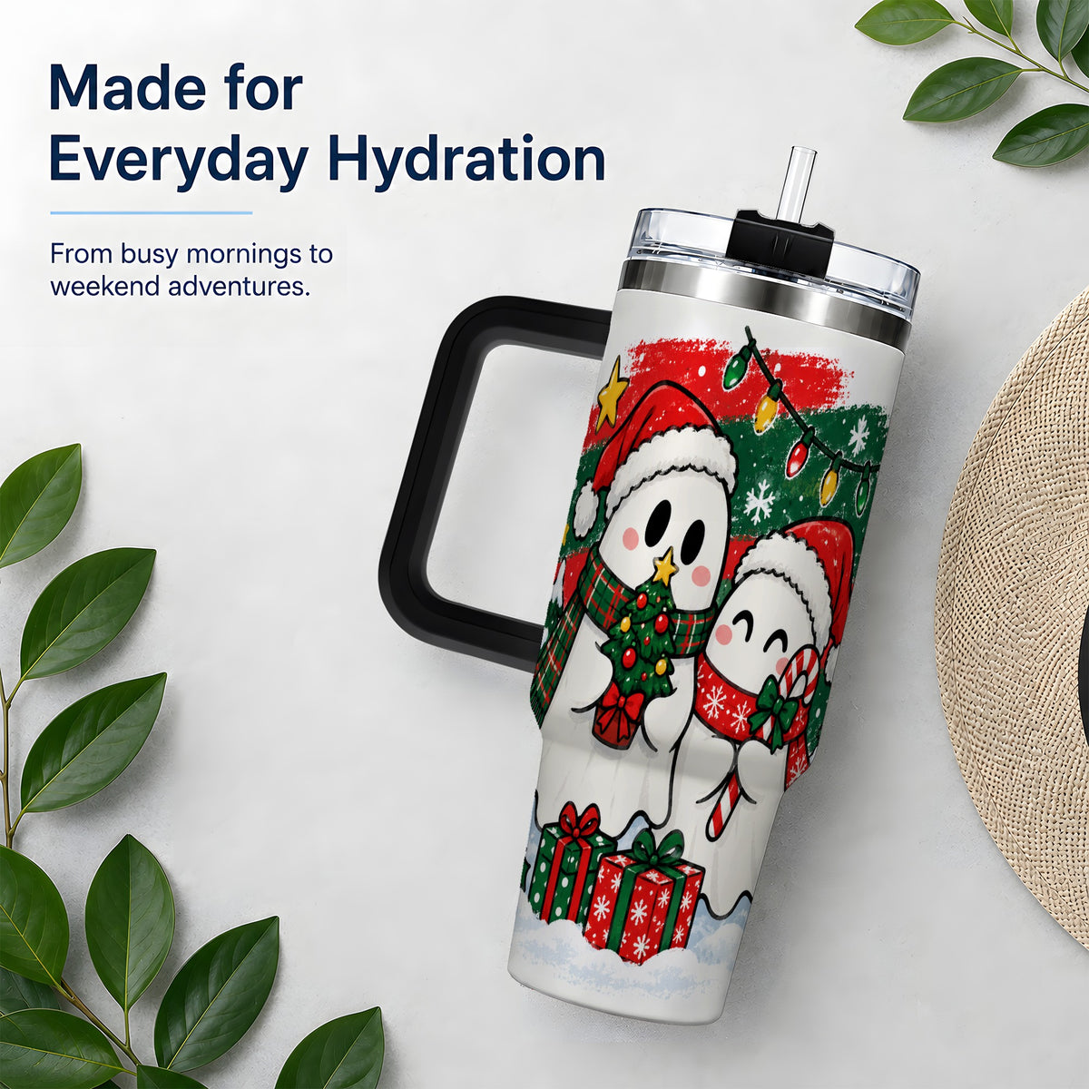 #pl[40oz|Black] Christmas Ghosts 40oz Tumbler, Cute Festive Winter Holiday Artwork