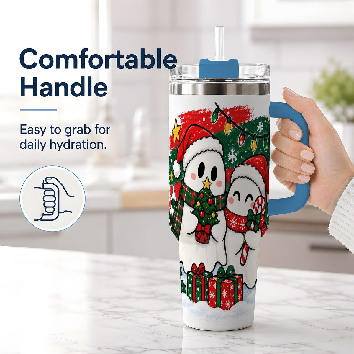 #pl[40oz|Blue] Christmas Ghosts 40oz Tumbler, Cute Festive Winter Holiday Artwork