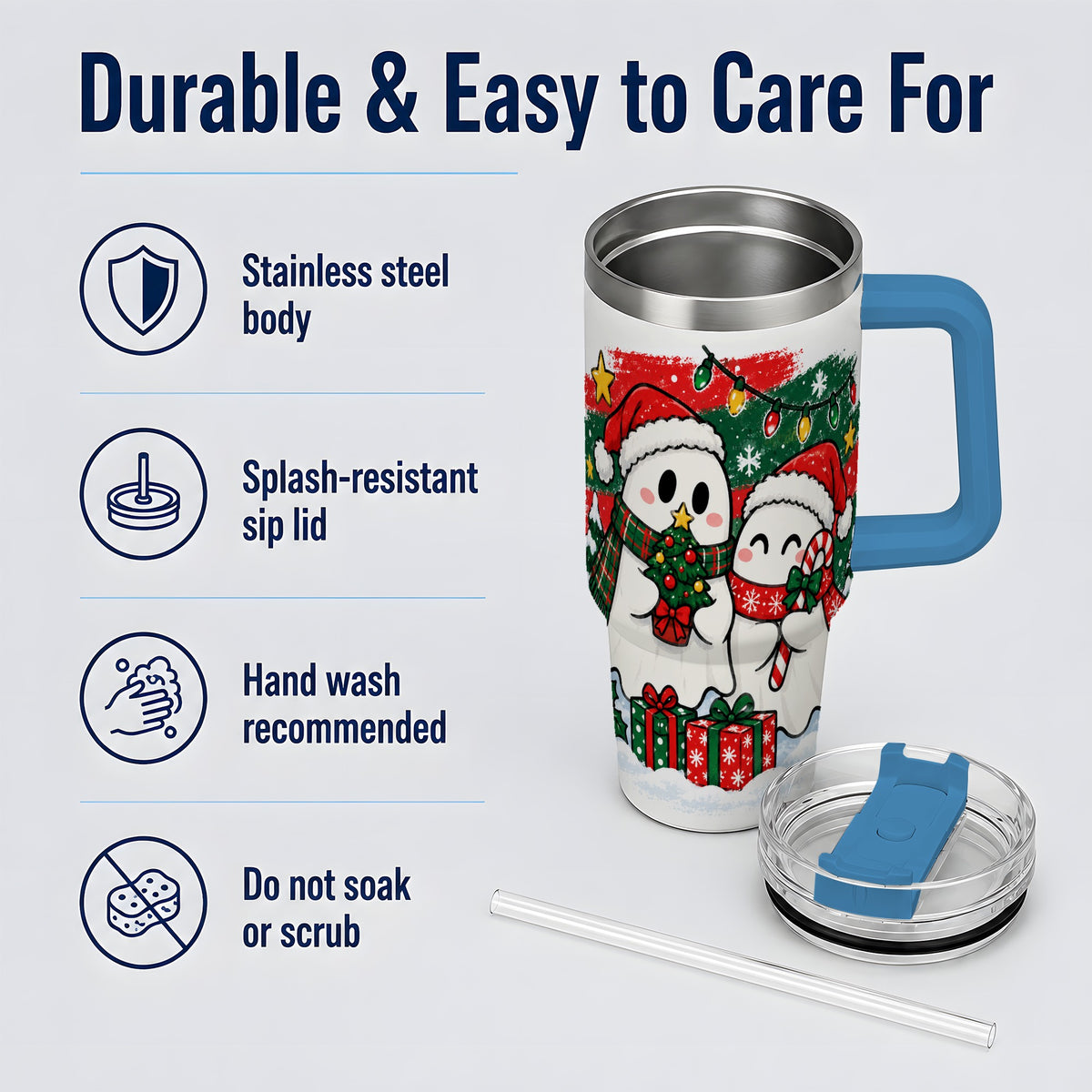 #pl[40oz|Blue] Christmas Ghosts 40oz Tumbler, Cute Festive Winter Holiday Artwork