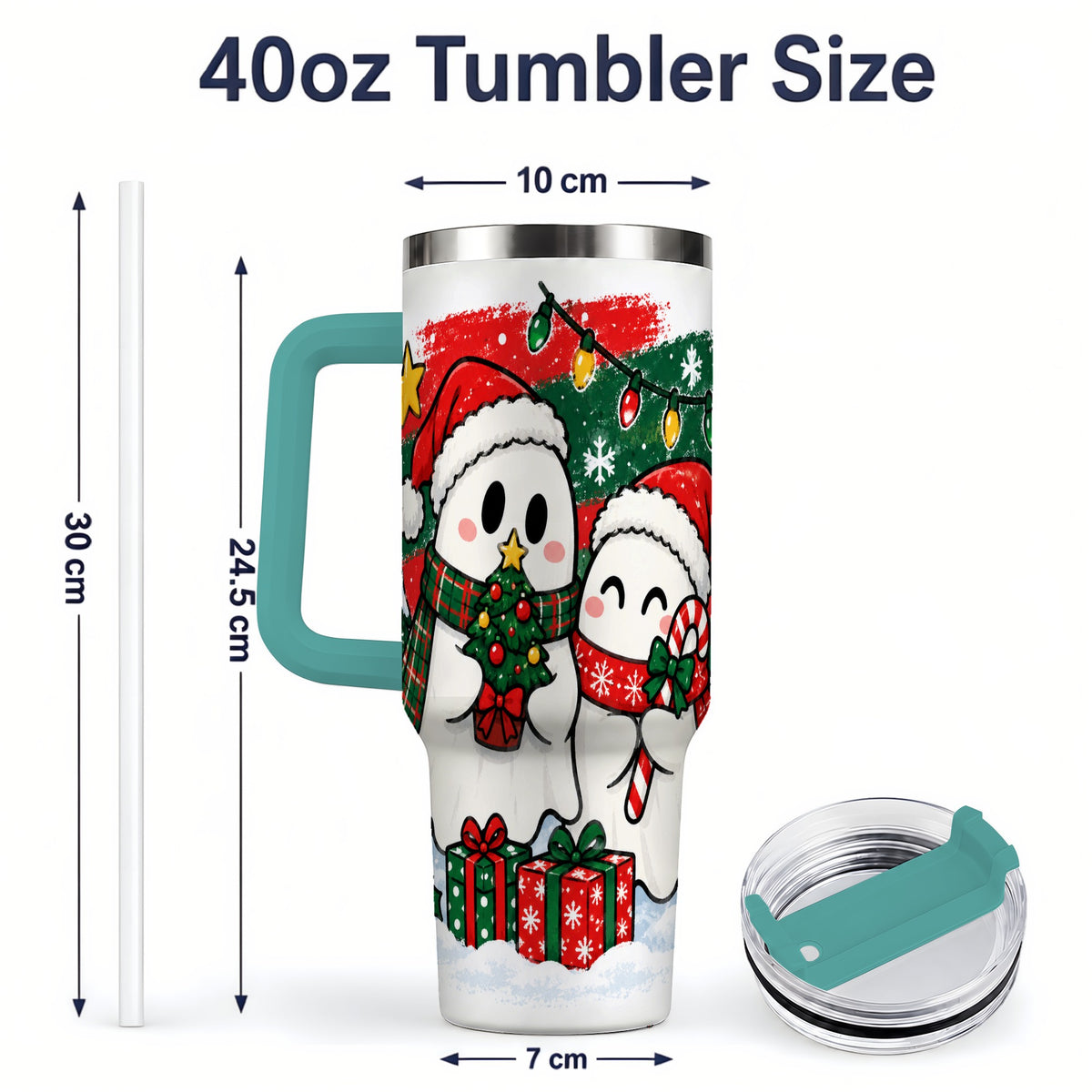 #pl[40oz|Green] Christmas Ghosts 40oz Tumbler, Cute Festive Winter Holiday Artwork