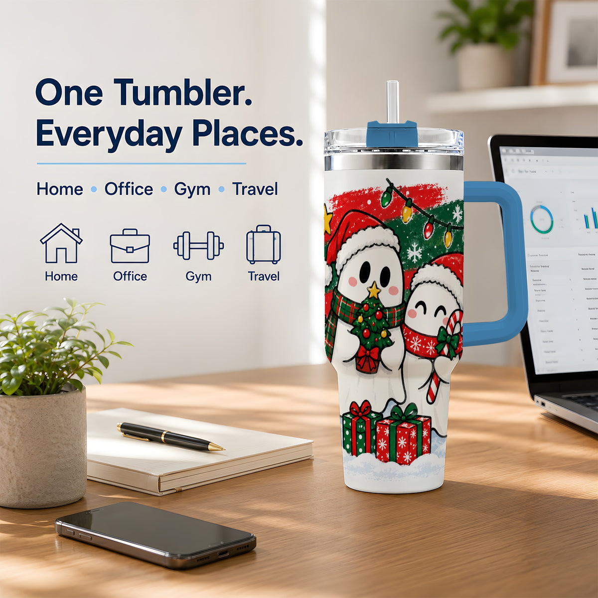 #pl[40oz|Blue] Christmas Ghosts 40oz Tumbler, Cute Festive Winter Holiday Artwork