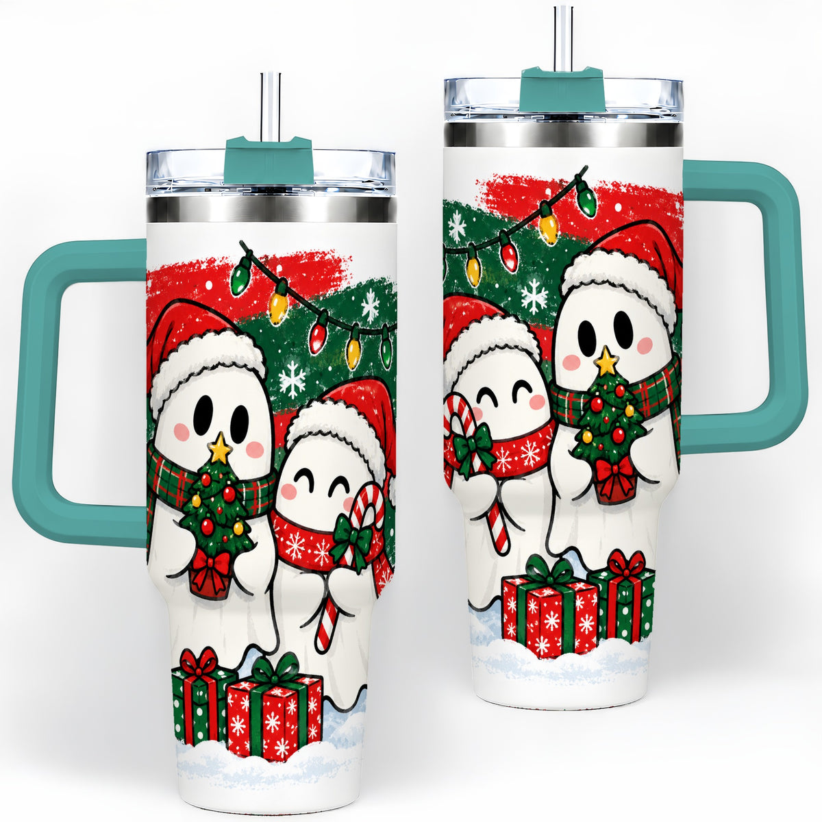 #pl[40oz|Green] Christmas Ghosts 40oz Tumbler, Cute Festive Winter Holiday Artwork