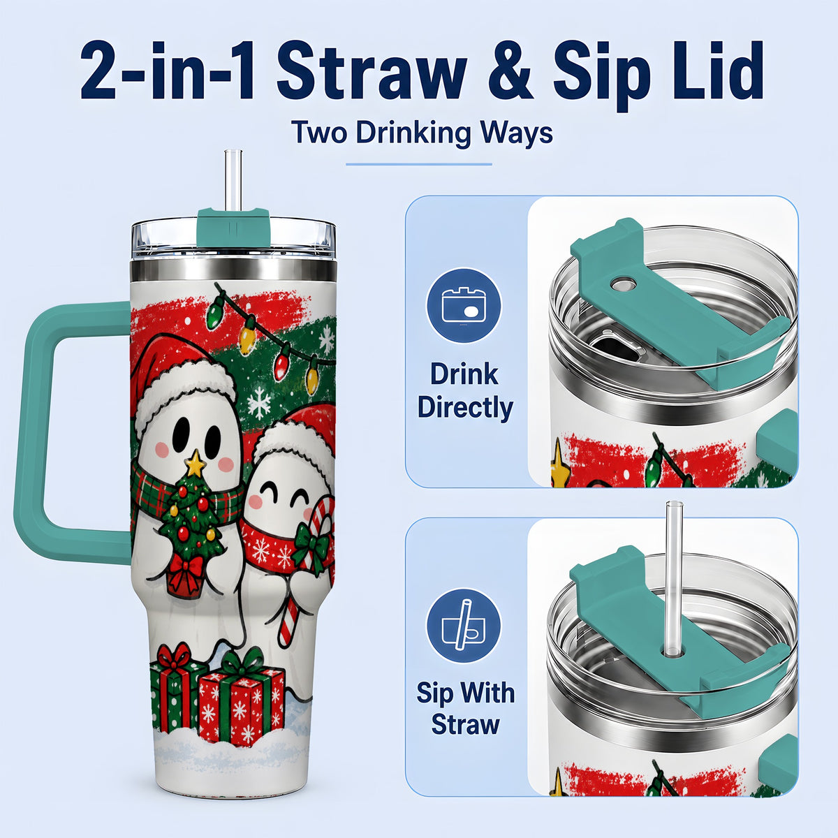 #pl[40oz|Green] Christmas Ghosts 40oz Tumbler, Cute Festive Winter Holiday Artwork