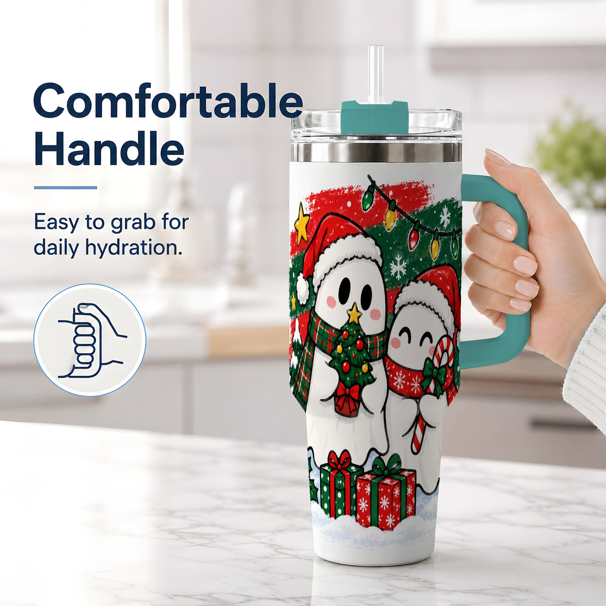 #pl[40oz|Green] Christmas Ghosts 40oz Tumbler, Cute Festive Winter Holiday Artwork
