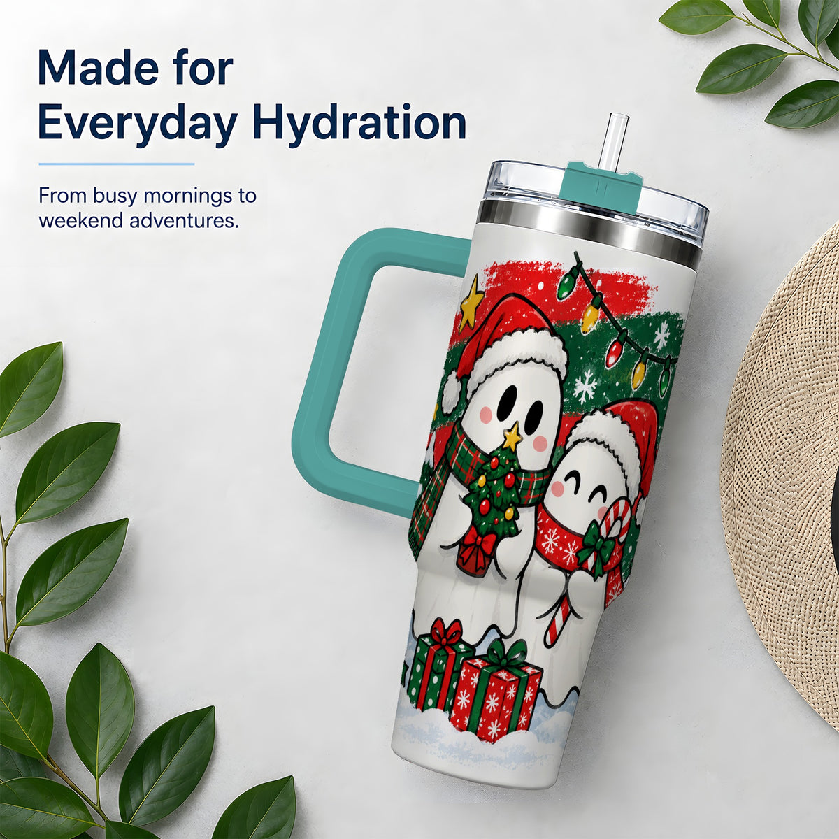 #pl[40oz|Green] Christmas Ghosts 40oz Tumbler, Cute Festive Winter Holiday Artwork