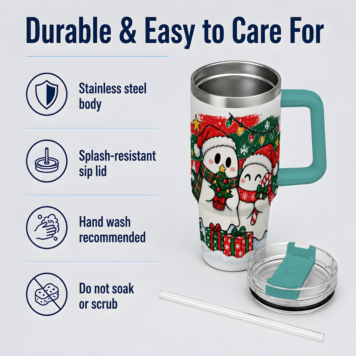 #pl[40oz|Green] Christmas Ghosts 40oz Tumbler, Cute Festive Winter Holiday Artwork
