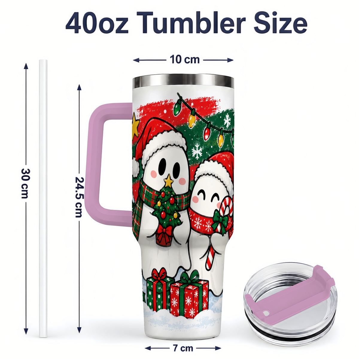 #pl[40oz|Pink] Christmas Ghosts 40oz Tumbler, Cute Festive Winter Holiday Artwork