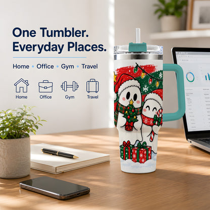 #pl[40oz|Green] Christmas Ghosts 40oz Tumbler, Cute Festive Winter Holiday Artwork