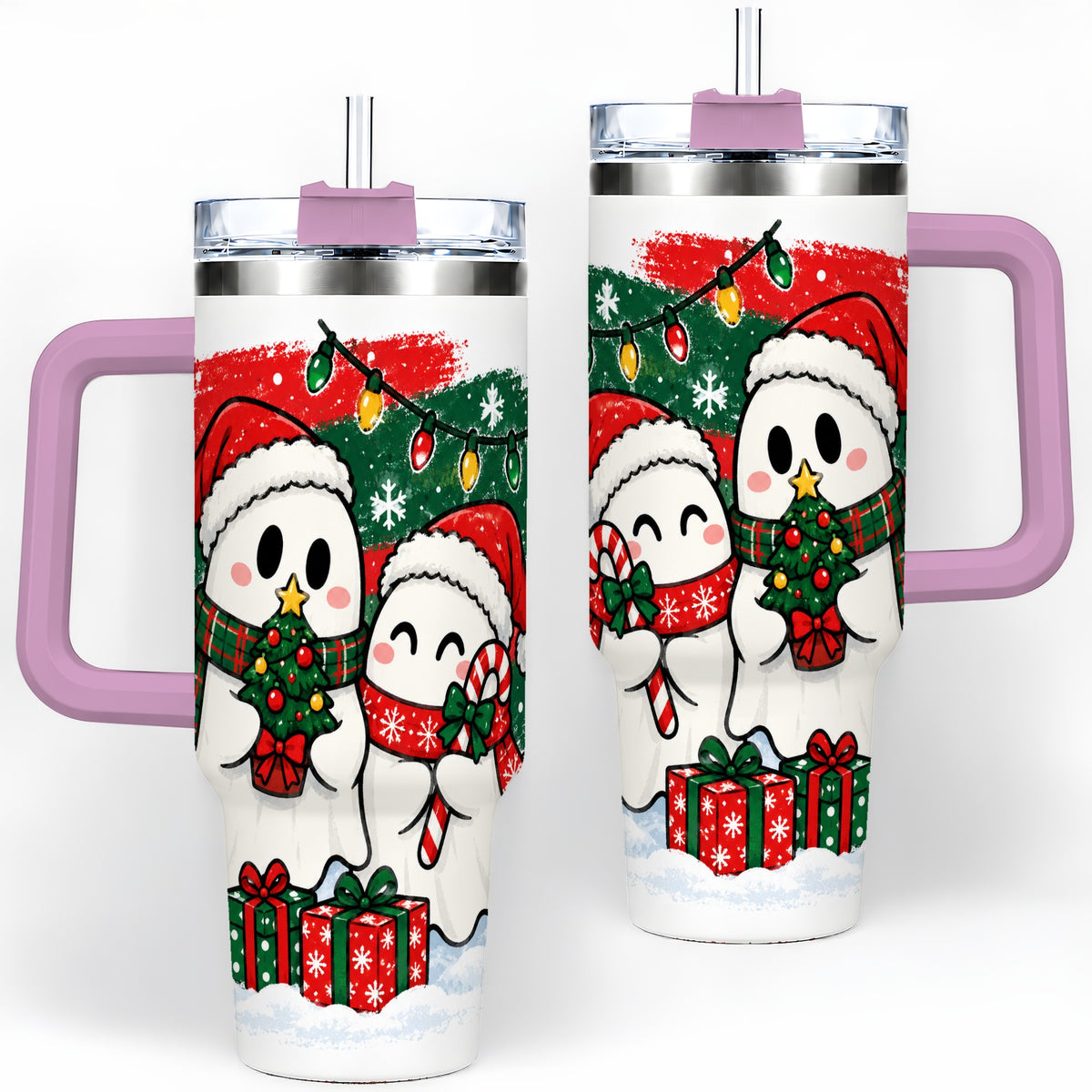 #pl[40oz|Pink] Christmas Ghosts 40oz Tumbler, Cute Festive Winter Holiday Artwork
