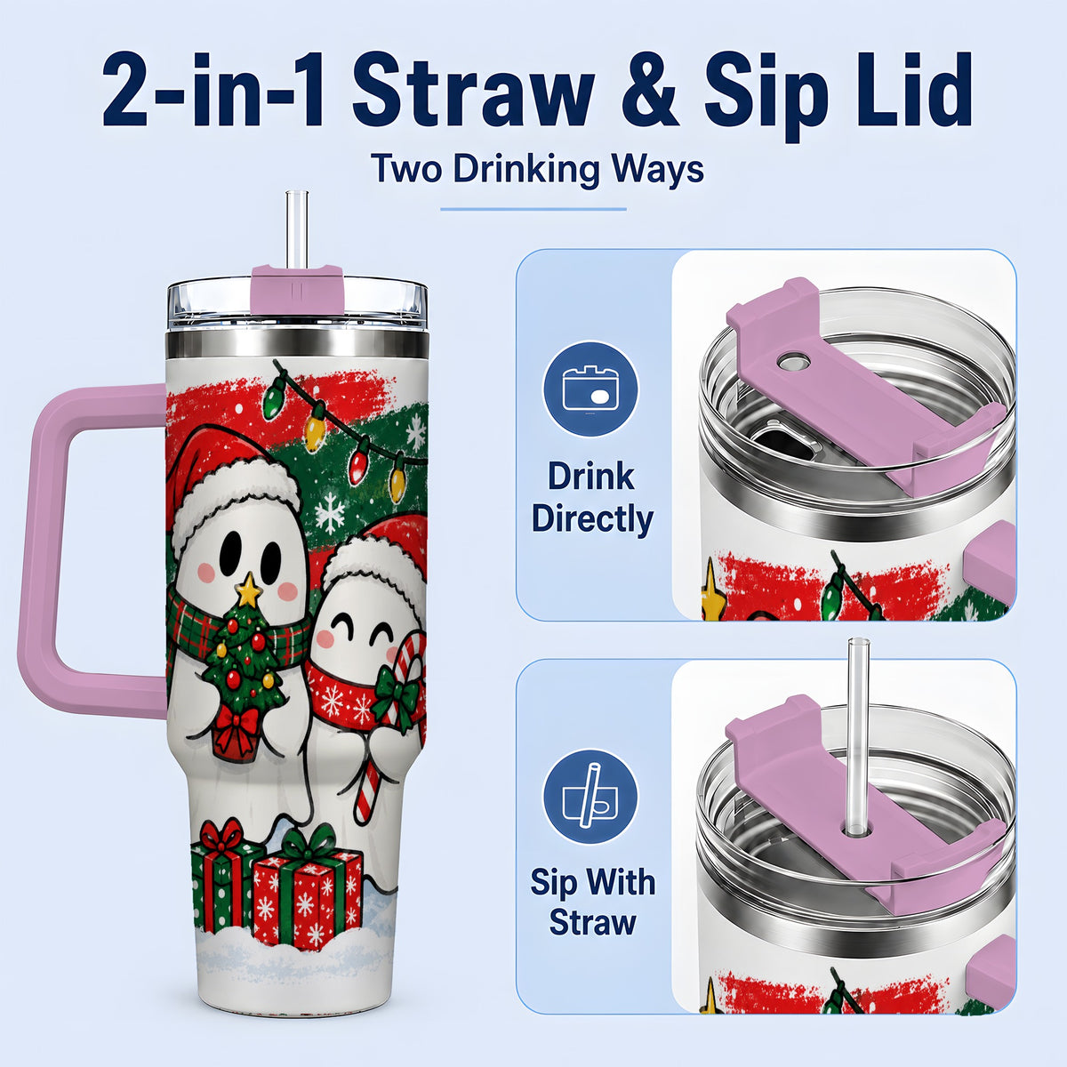 #pl[40oz|Pink] Christmas Ghosts 40oz Tumbler, Cute Festive Winter Holiday Artwork