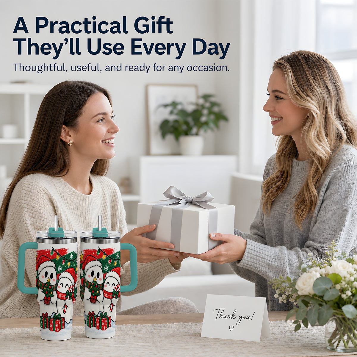 #pl[40oz|Green] Christmas Ghosts 40oz Tumbler, Cute Festive Winter Holiday Artwork