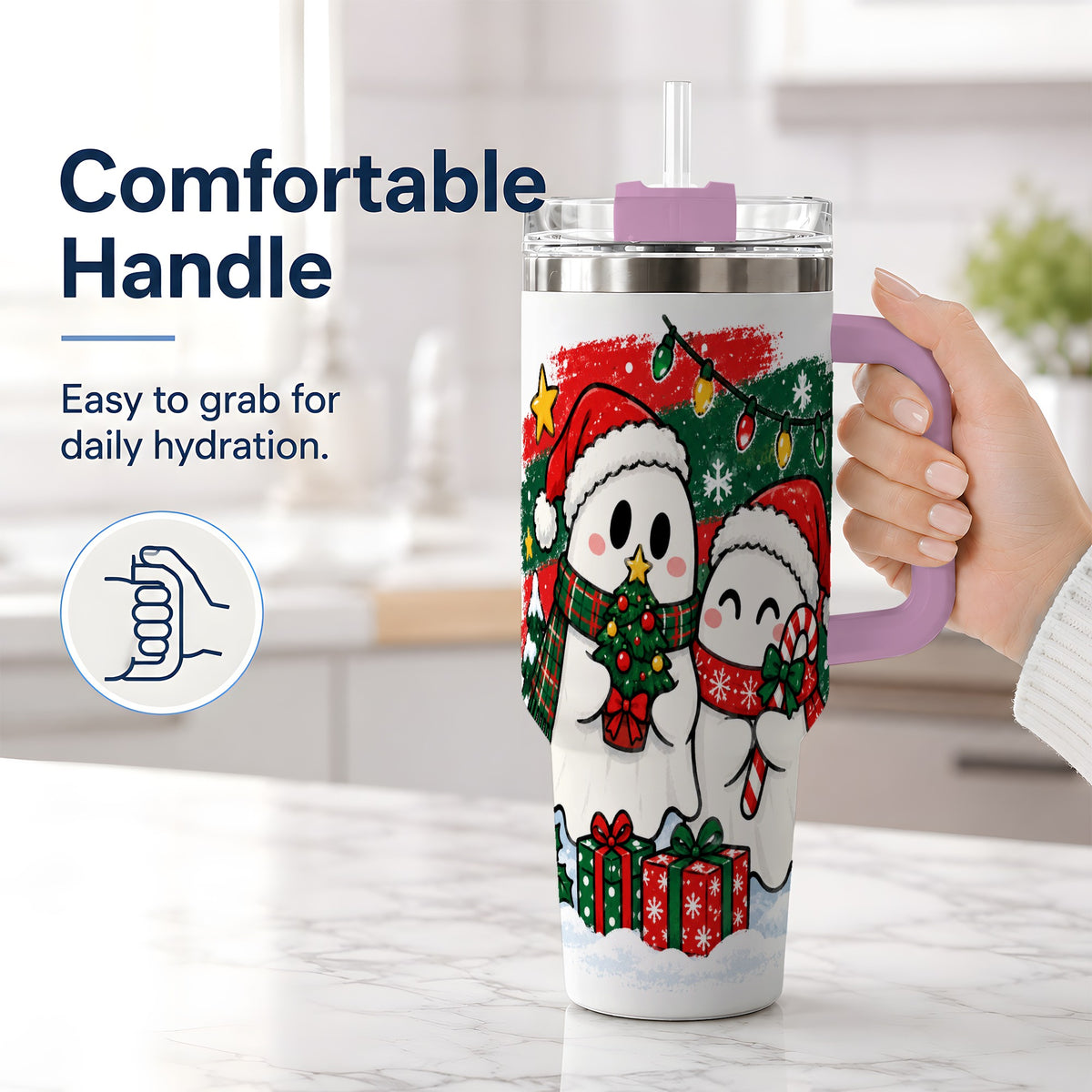 #pl[40oz|Pink] Christmas Ghosts 40oz Tumbler, Cute Festive Winter Holiday Artwork
