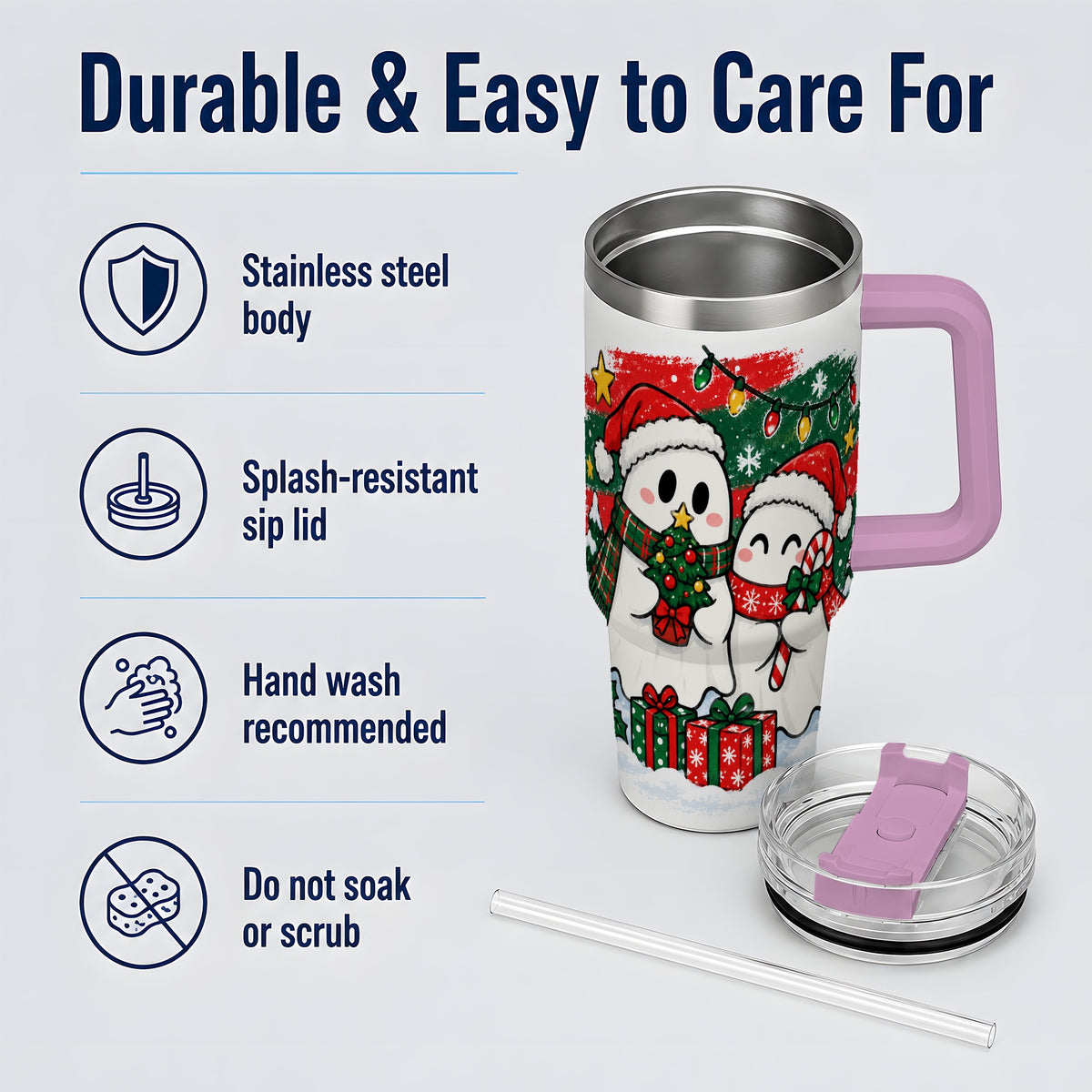 #pl[40oz|Pink] Christmas Ghosts 40oz Tumbler, Cute Festive Winter Holiday Artwork