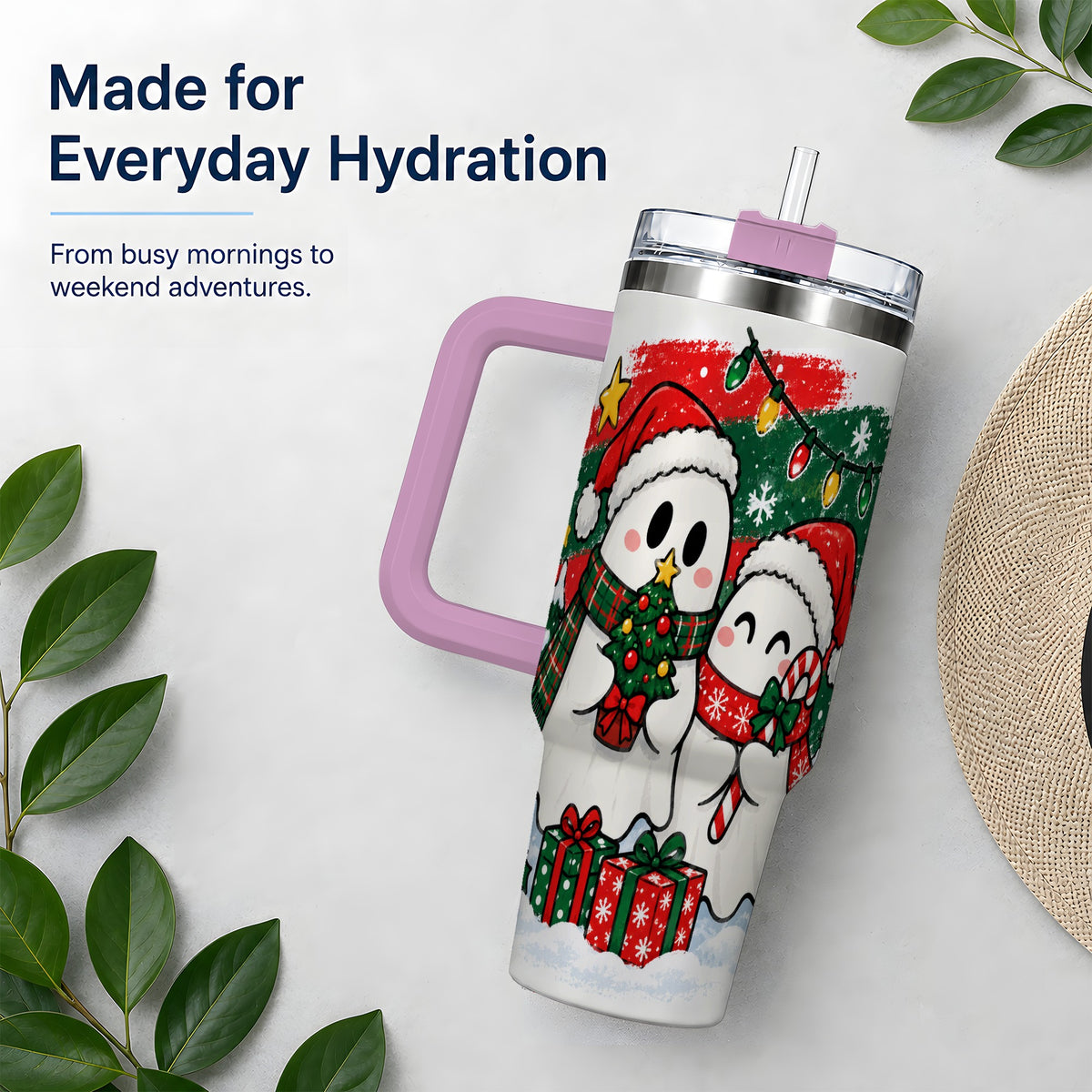 #pl[40oz|Pink] Christmas Ghosts 40oz Tumbler, Cute Festive Winter Holiday Artwork