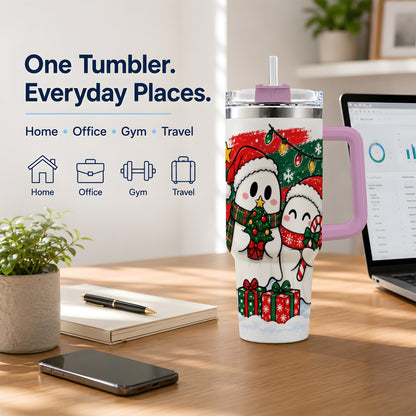 #pl[40oz|Pink] Christmas Ghosts 40oz Tumbler, Cute Festive Winter Holiday Artwork
