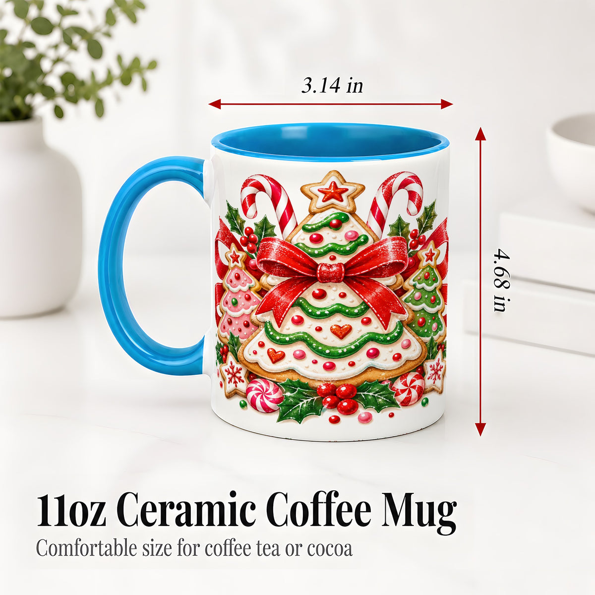 #pl[11oz|Blue] Christmas Cookie Tree Accent Mug, Ceramic Coffee Cup