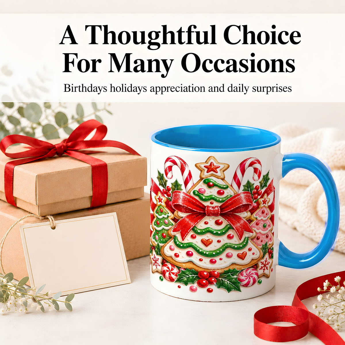 #pl[11oz|Blue] Christmas Cookie Tree Accent Mug, Ceramic Coffee Cup