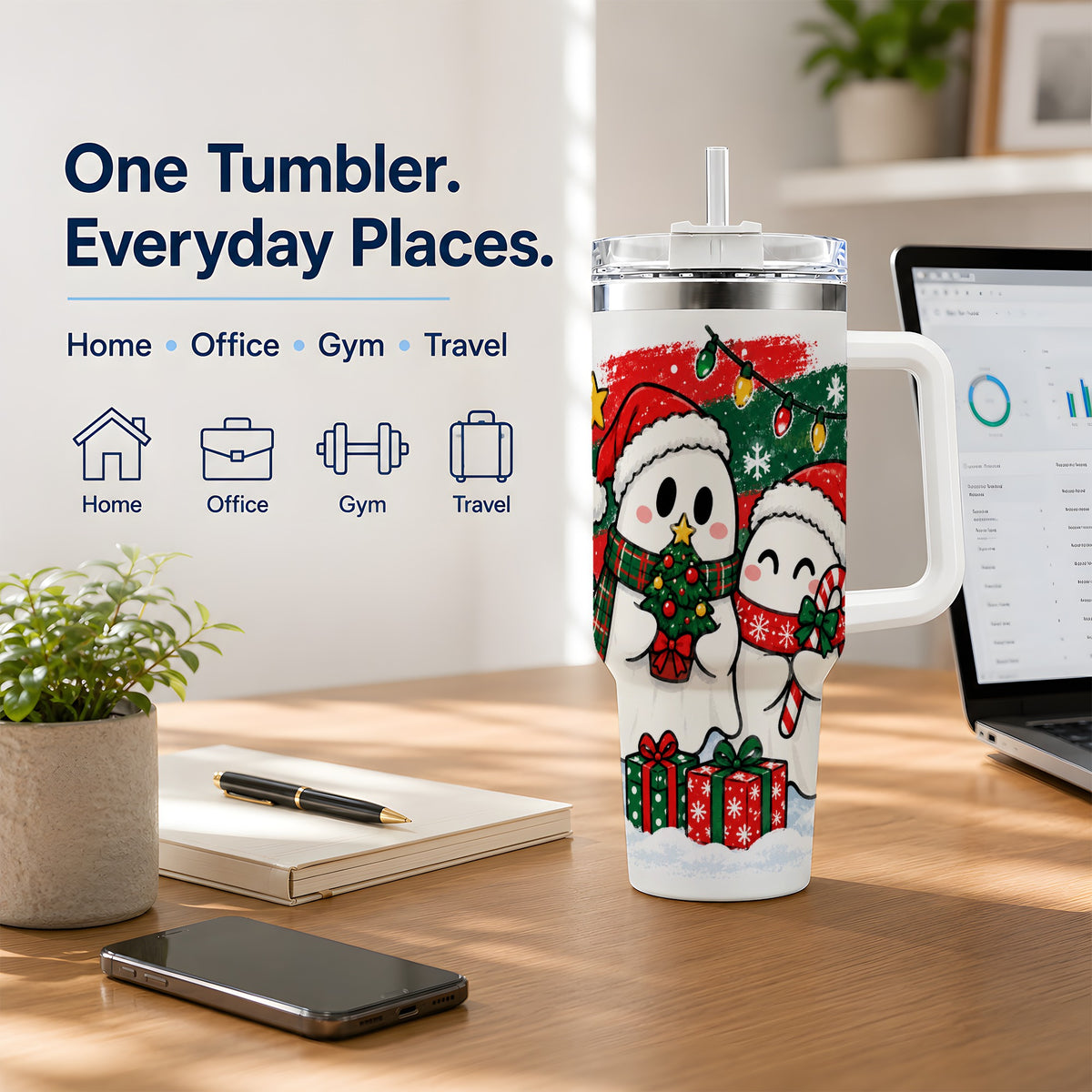 #pl[40oz|White] Christmas Ghosts 40oz Tumbler, Cute Festive Winter Holiday Artwork