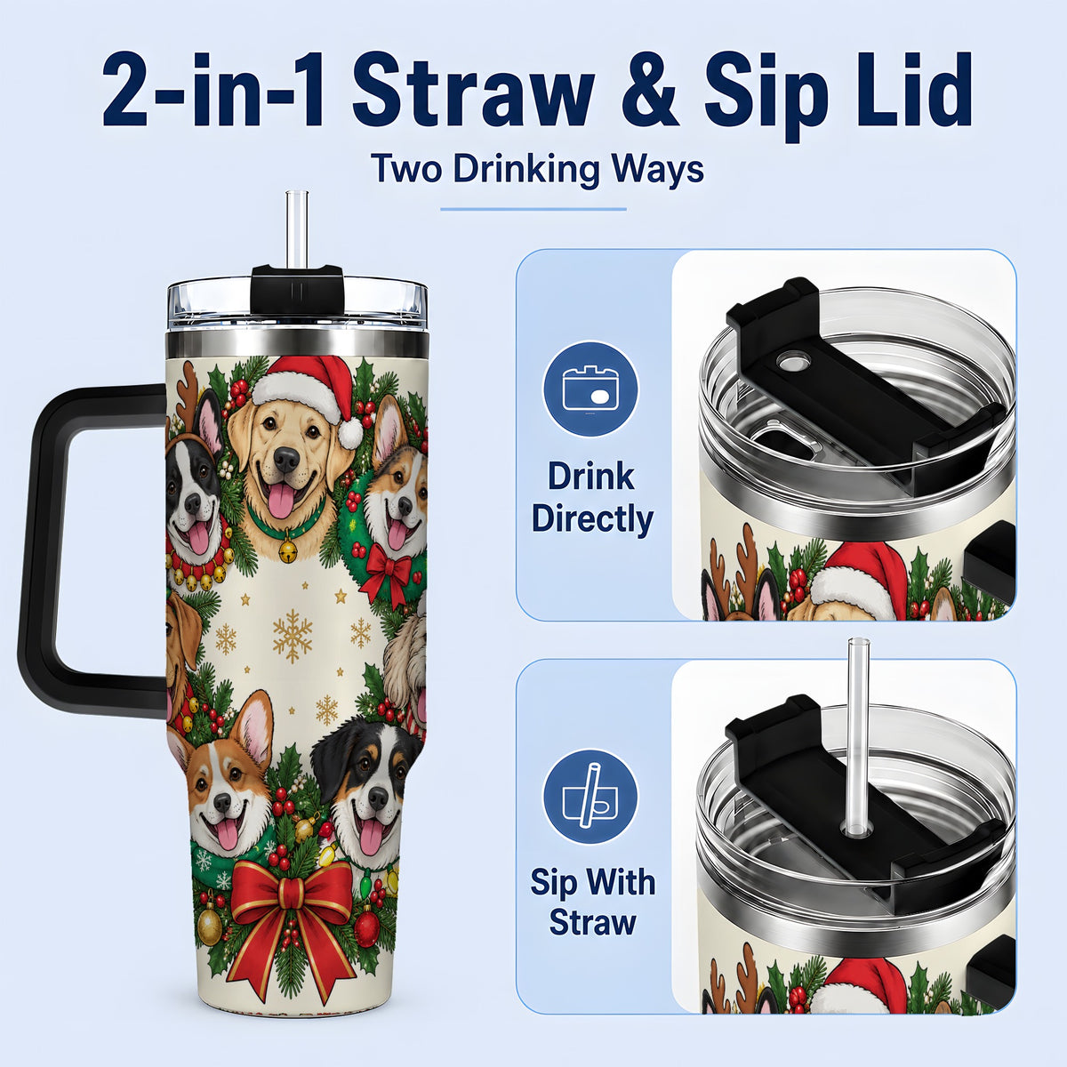 #pl[40oz|Black] Christmas Dogs Wreath 40oz Tumbler, Festive Pet Winter Holiday Artwork