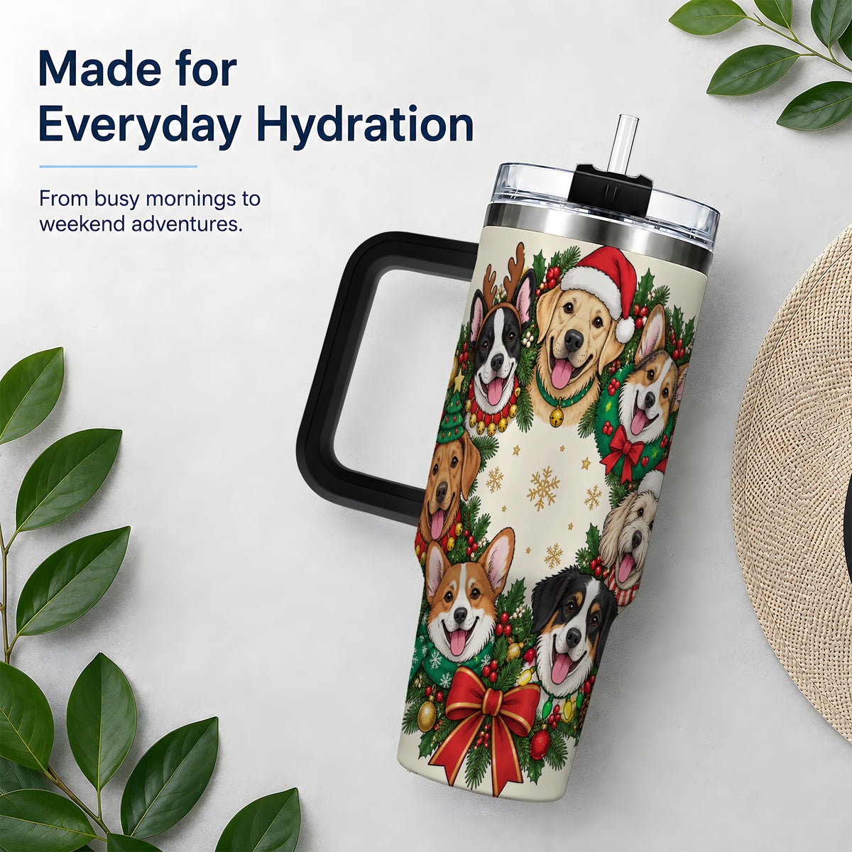 #pl[40oz|Black] Christmas Dogs Wreath 40oz Tumbler, Festive Pet Winter Holiday Artwork