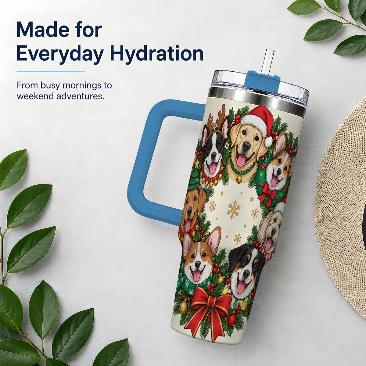#pl[40oz|Blue] Christmas Dogs Wreath 40oz Tumbler, Festive Pet Winter Holiday Artwork