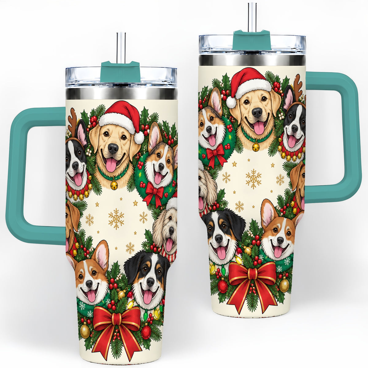 #pl[40oz|Green] Christmas Dogs Wreath 40oz Tumbler, Festive Pet Winter Holiday Artwork