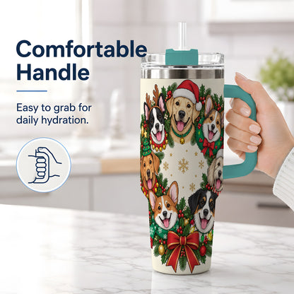 #pl[40oz|Green] Christmas Dogs Wreath 40oz Tumbler, Festive Pet Winter Holiday Artwork
