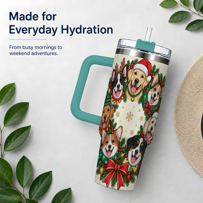 #pl[40oz|Green] Christmas Dogs Wreath 40oz Tumbler, Festive Pet Winter Holiday Artwork