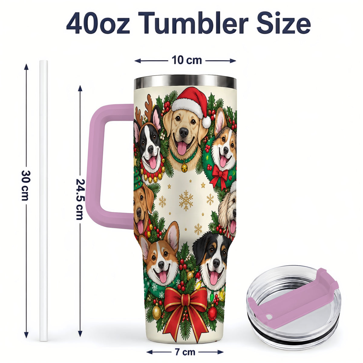 #pl[40oz|Pink] Christmas Dogs Wreath 40oz Tumbler, Festive Pet Winter Holiday Artwork