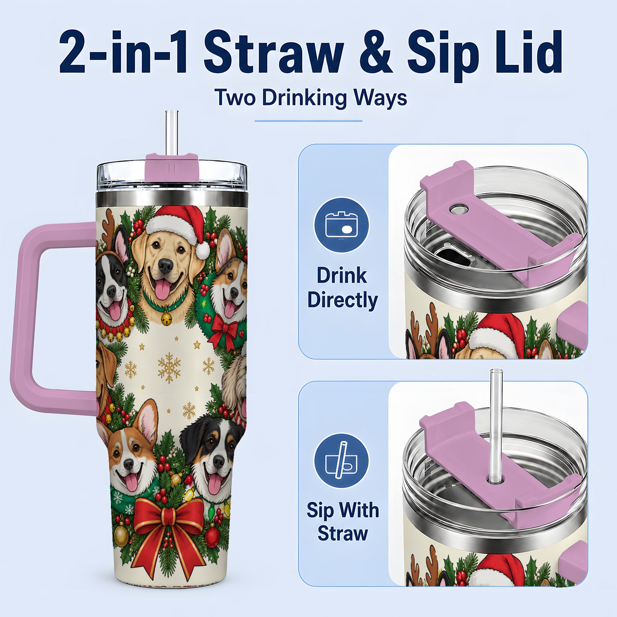 #pl[40oz|Pink] Christmas Dogs Wreath 40oz Tumbler, Festive Pet Winter Holiday Artwork