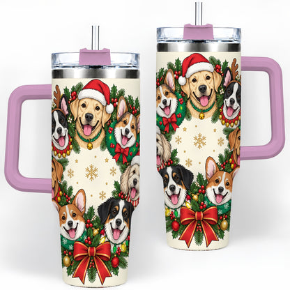 #pl[40oz|Pink] Christmas Dogs Wreath 40oz Tumbler, Festive Pet Winter Holiday Artwork