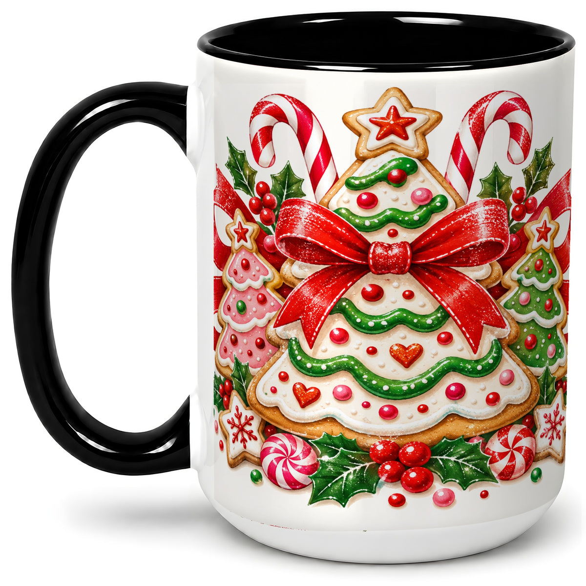 #pl[15oz|Black] Christmas Cookie Tree Accent Mug, Ceramic Coffee Cup