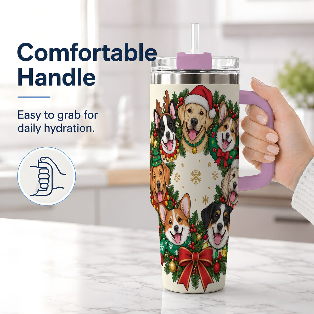 #pl[40oz|Pink] Christmas Dogs Wreath 40oz Tumbler, Festive Pet Winter Holiday Artwork