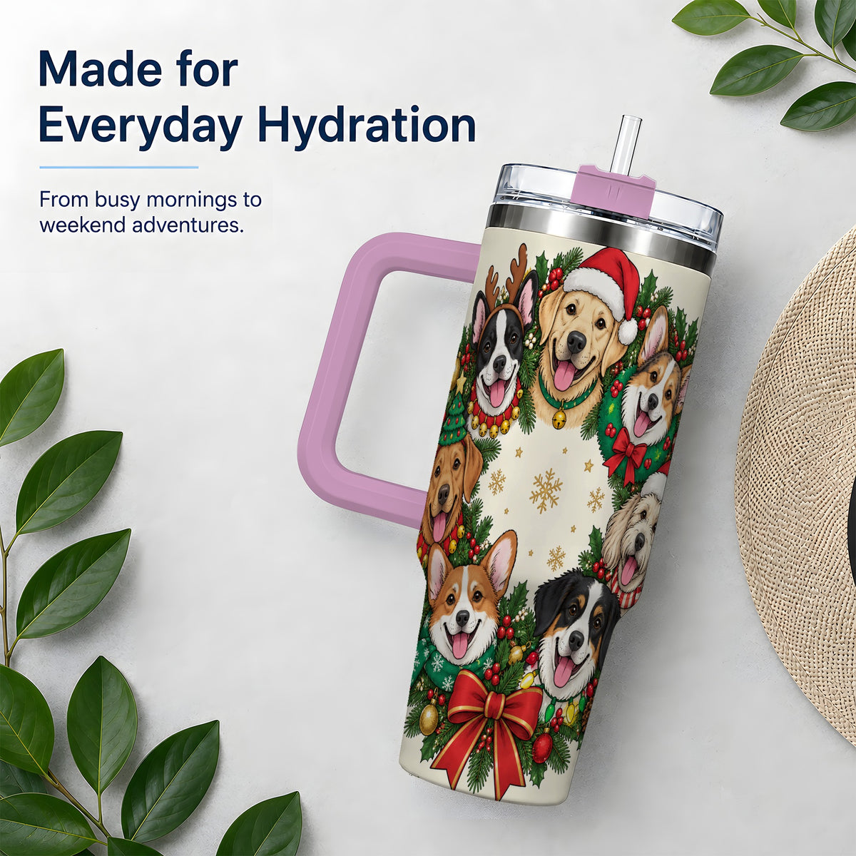 #pl[40oz|Pink] Christmas Dogs Wreath 40oz Tumbler, Festive Pet Winter Holiday Artwork