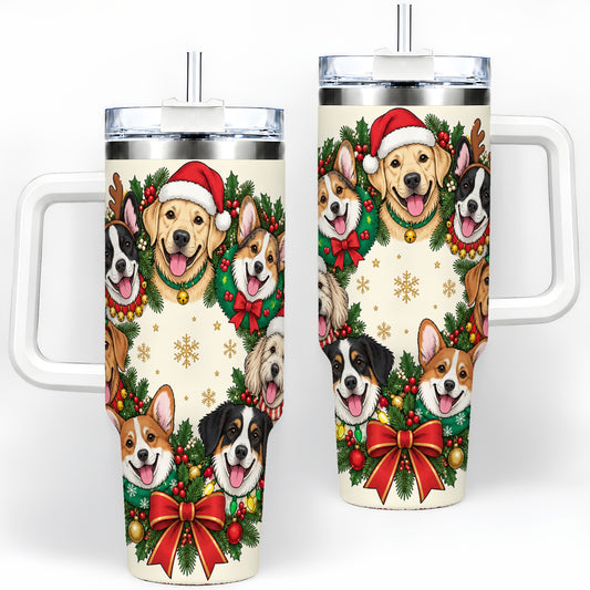 Christmas Dogs Wreath 40oz Tumbler, Festive Pet Winter Holiday Artwork