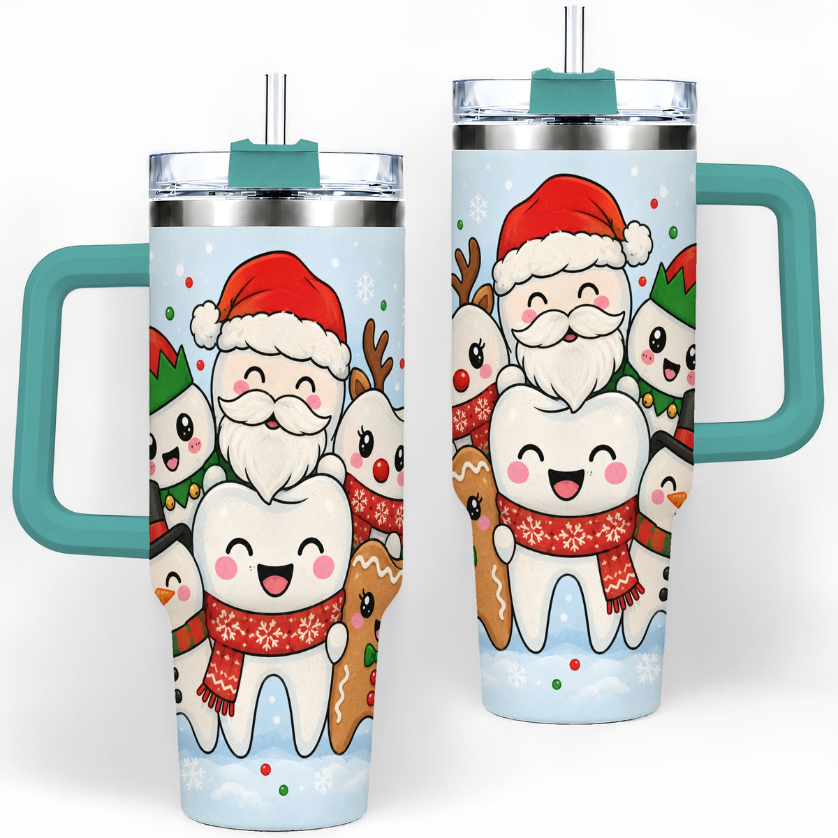 #pl[40oz|Green] Cute Dental Christmas 40oz Tumbler, Tooth Character Holiday Artwork