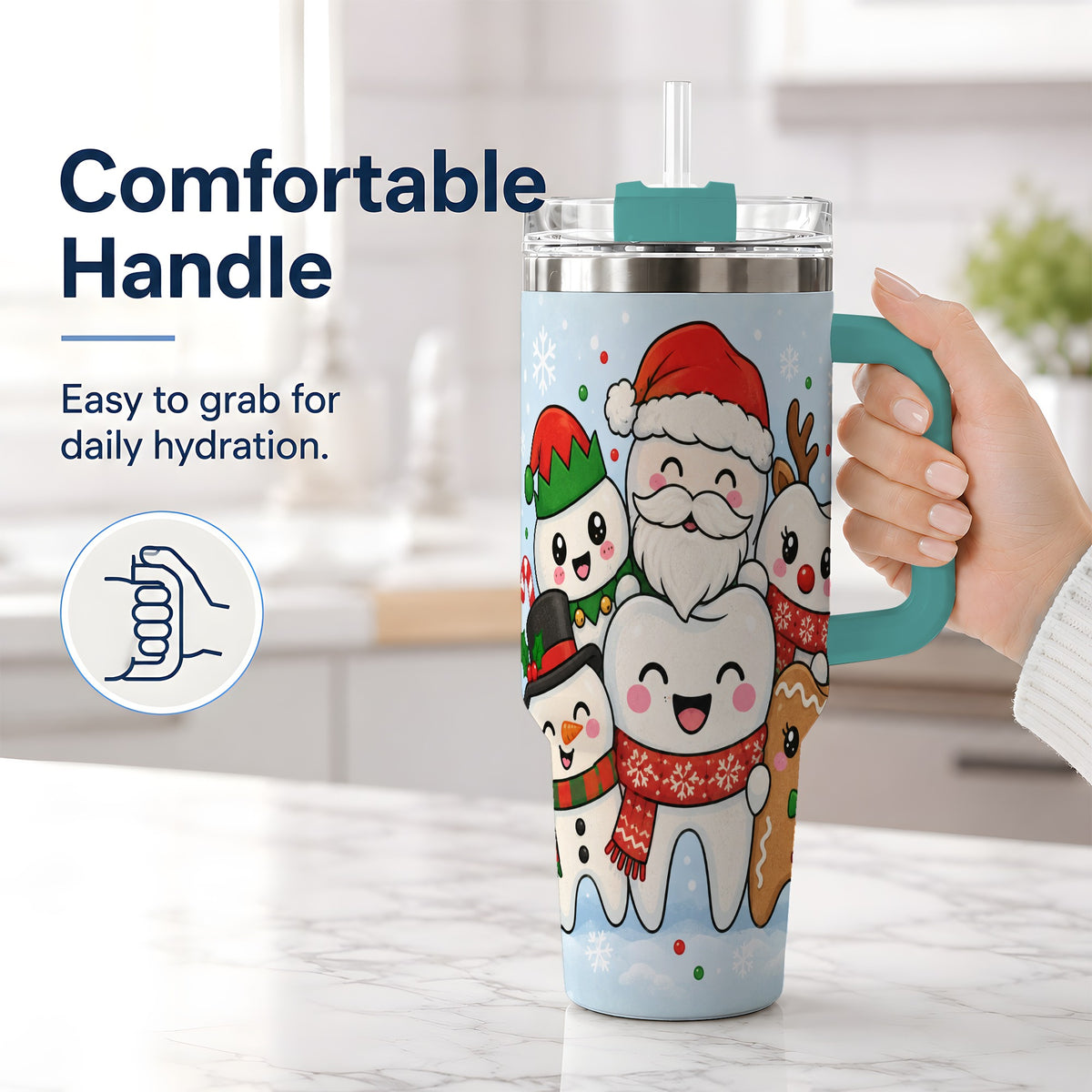 #pl[40oz|Green] Cute Dental Christmas 40oz Tumbler, Tooth Character Holiday Artwork