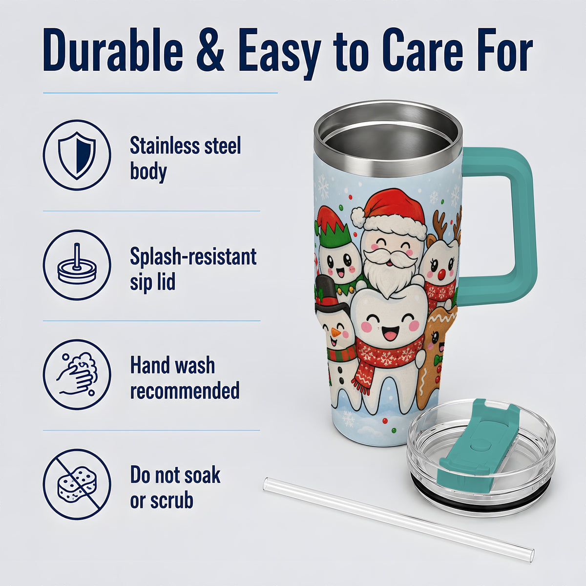 #pl[40oz|Green] Cute Dental Christmas 40oz Tumbler, Tooth Character Holiday Artwork