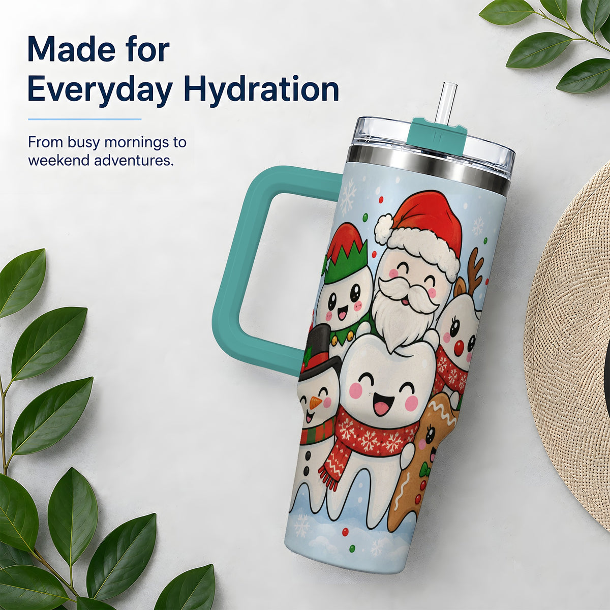 #pl[40oz|Green] Cute Dental Christmas 40oz Tumbler, Tooth Character Holiday Artwork