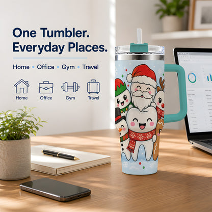 #pl[40oz|Green] Cute Dental Christmas 40oz Tumbler, Tooth Character Holiday Artwork