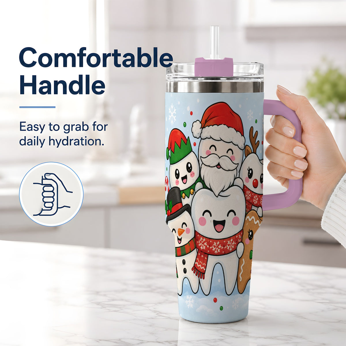 #pl[40oz|Pink] Cute Dental Christmas 40oz Tumbler, Tooth Character Holiday Artwork